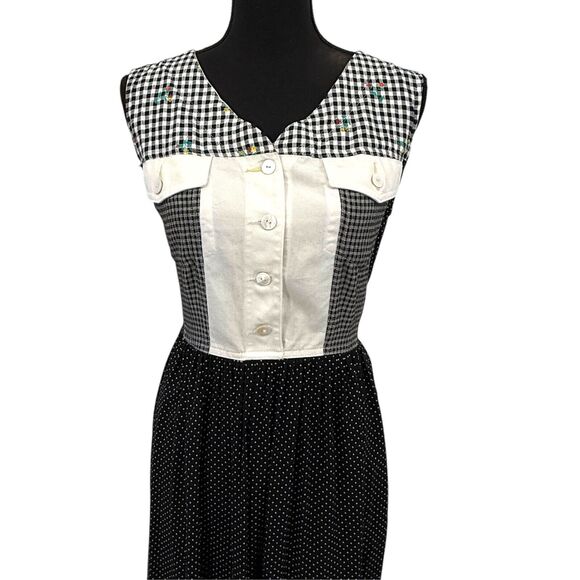 Vtg Carol Little Black White Minimalist Gingham Floral Rayon Blend‎ Maxi Dress - Picture 4 of 11